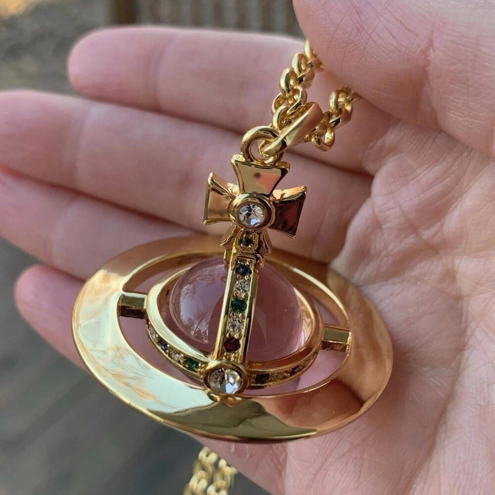 Vivienne Westwood Necklace Large Orb Gold Pink Light Purple new - Picture 3 of 8